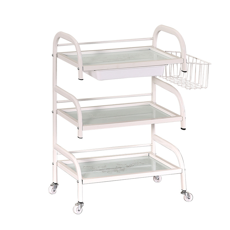 Multi-functional tattoo hairdressing and beauty trolley three-layer glass surface storage rack beauty salon tool trolley