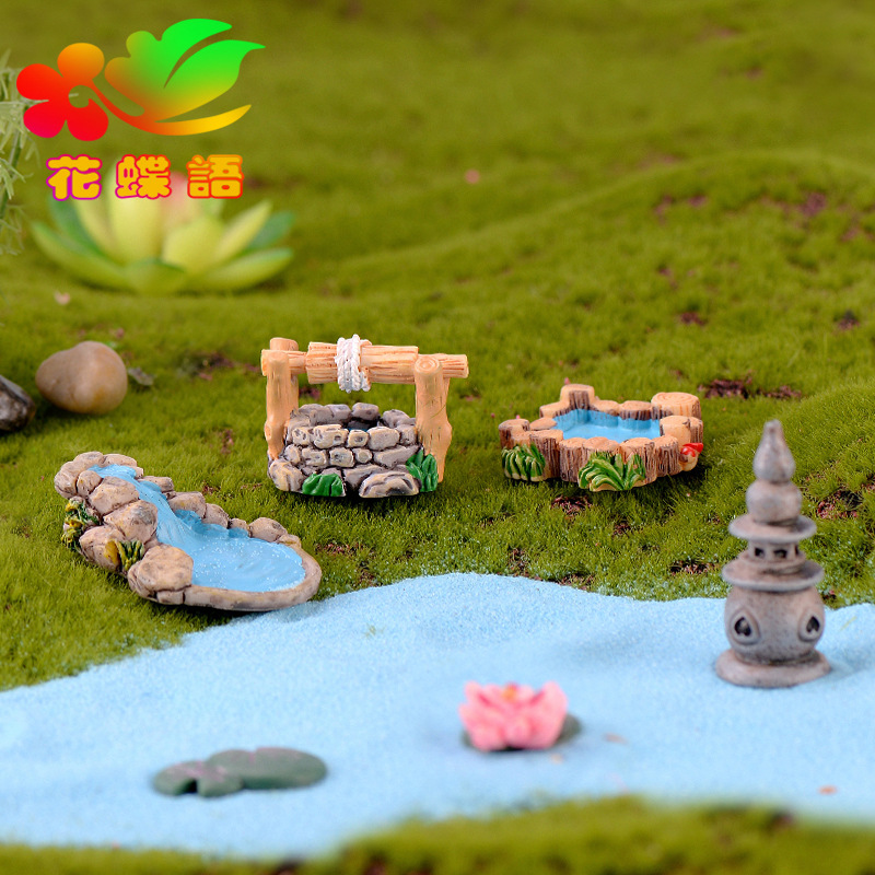 Микро-ландшафт, ретро антикварные смоляные украшения, маяк запада, колодец, маленький мост, движущаяся вода, лужайка