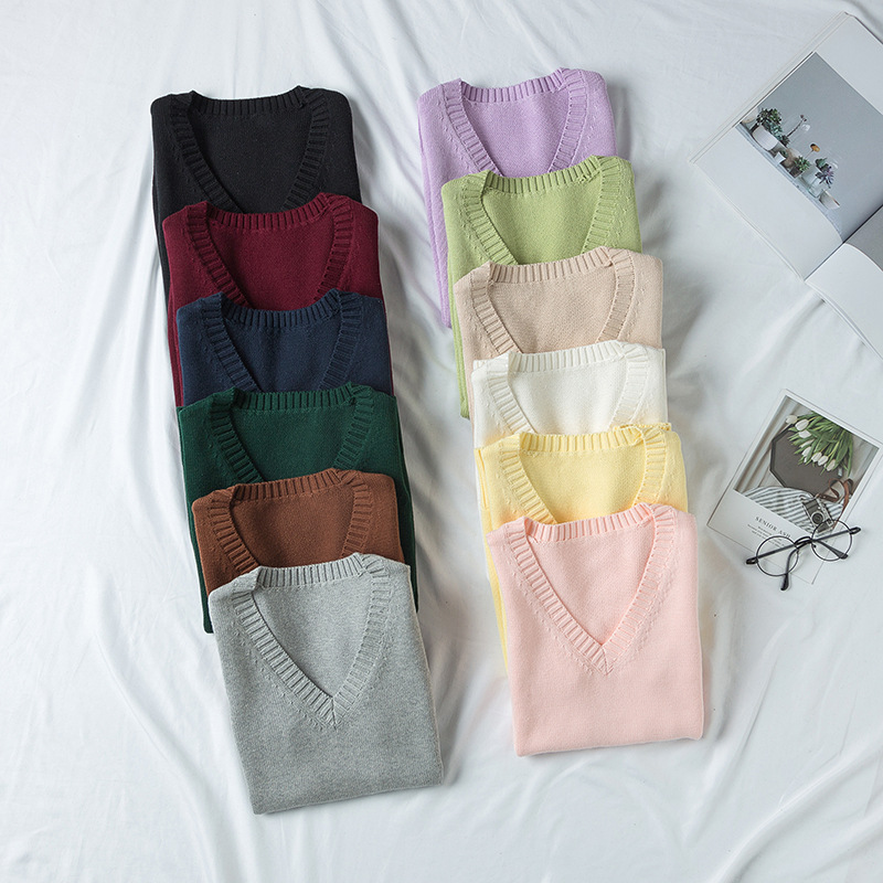 Knitted Factory Wholesale 21 Colors Jk Uniform Pure Color Vest Japanese Style V-Neck Pullover Autumn and Winter Knitwear Vest Knitwear