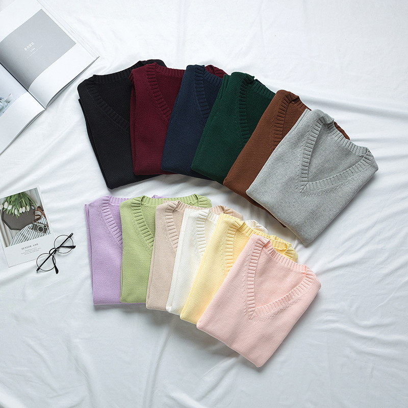 Knitted Factory Wholesale 21 Colors Jk Uniform Pure Color Vest Japanese Style V-Neck Pullover Autumn and Winter Knitwear Vest Knitwear
