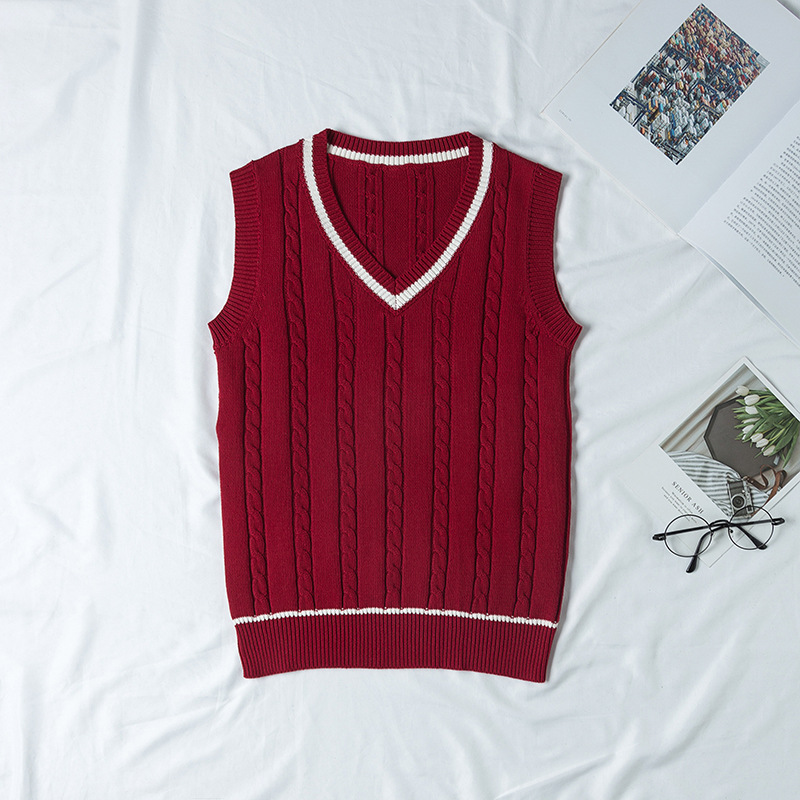 Spot Wholesale British Style Jk Uniform V Neck Twist Vest Knitwear