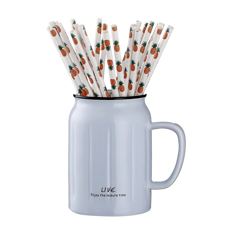 Disposable biodegradable Kraft paper straw cool summer fruit pattern paper straw beverage decorative straw