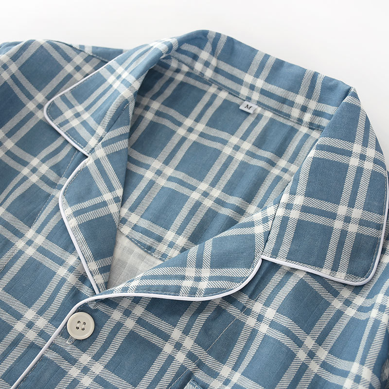 Men's Plaid Pajamas Set Pure Cotton Gauze Thin Casual Spring & Fall Home Clothes Cotton Long-Sleeved Pants Summer Large Size