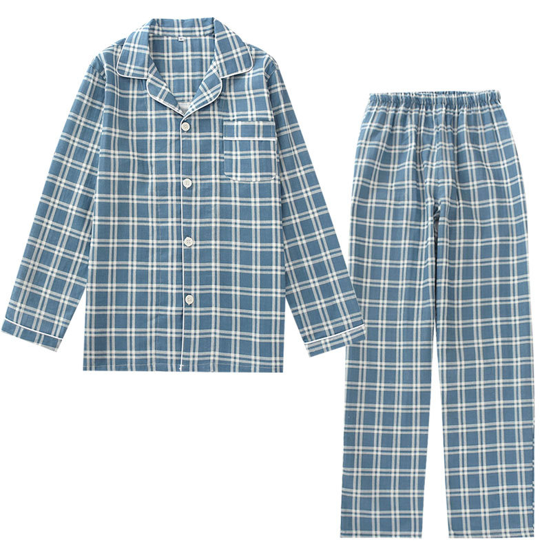 Men's Plaid Pajamas Set Pure Cotton Gauze Thin Casual Spring & Fall Home Clothes Cotton Long-Sleeved Pants Summer Large Size