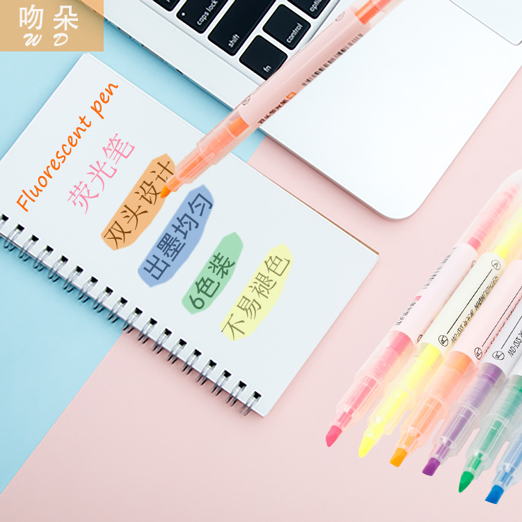 6 цветных двухсторонних флуоресцентных ручек, цветные маркеры, маркер для выделения, оптовая продажа канцелярии