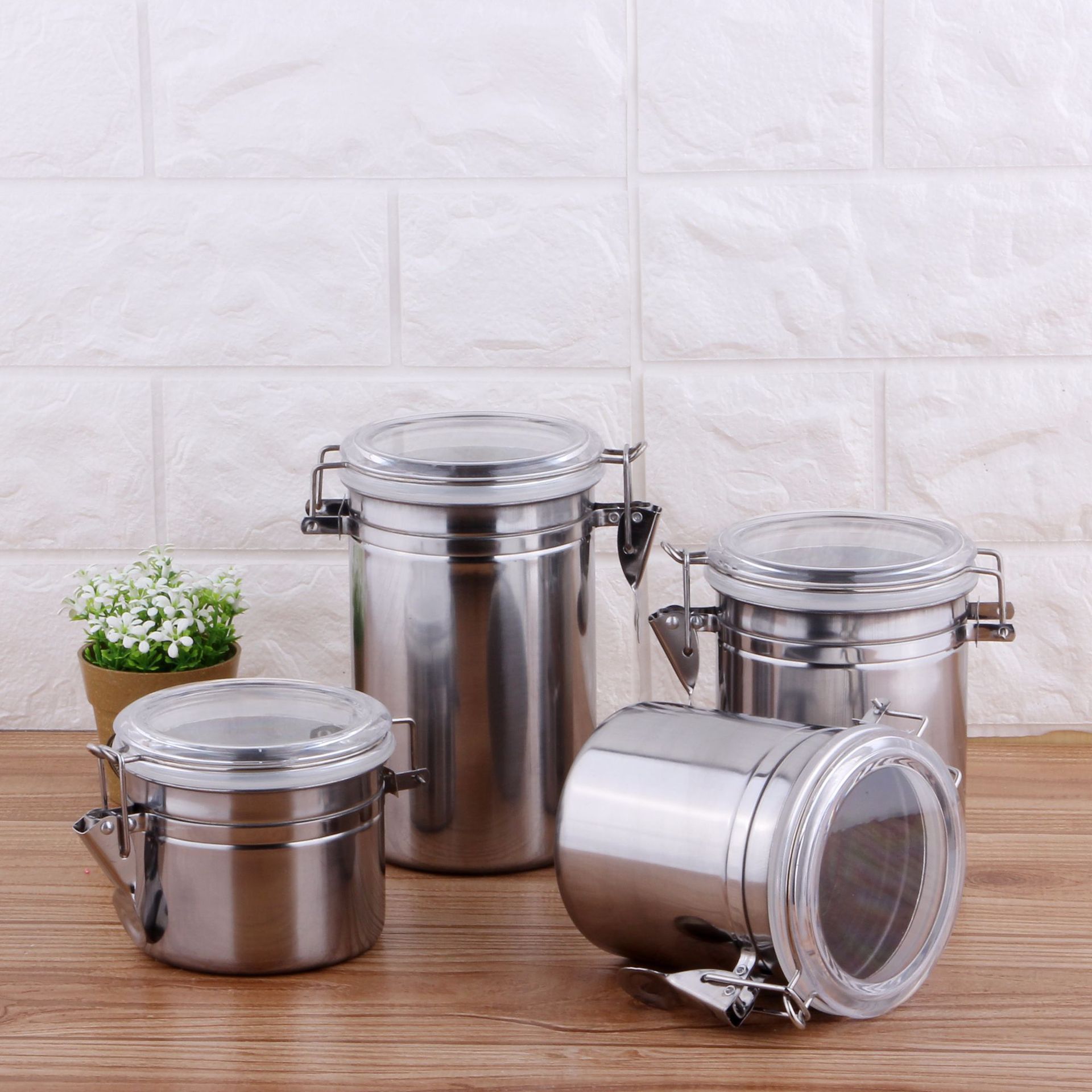 Stainless Steel Snap Sealed Jar Four-piece Set Fresh Coffee Bean Candy Tea Jar Visual Tobacco Storage Jar