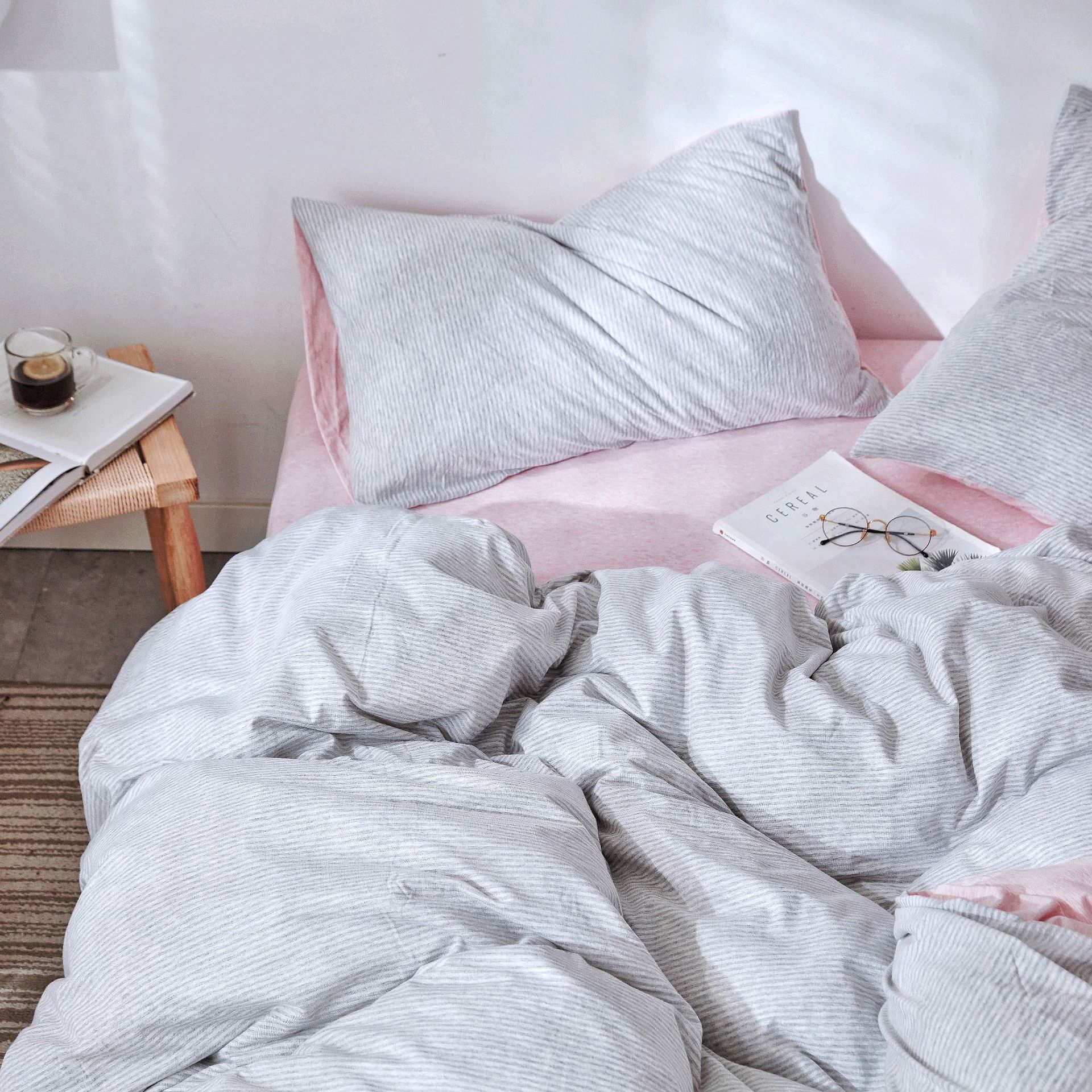 Good product Tianzhu cotton four-piece set Japanese unprinted knitted cotton striped bed hat 1.5 1.8 meters bedding wholesale generation