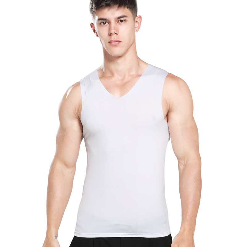 Men's Traceless Ice Silk Vest Men's Summer Thin Breathable Stretch Tight Wide Shoulder Youth Student Sweatshirt Hurdle White
