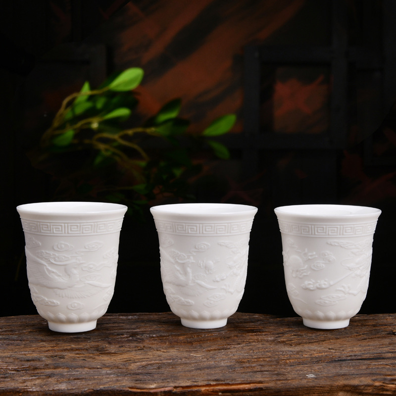 Raw Ore Kaolin Dragon and Phoenix Master Cup, Crane and Auspicious Cloud Jade Porcelain Tea Cup, Supports Dropshipping, High White Porcelain