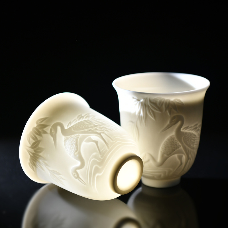 Raw Ore Kaolin Dragon and Phoenix Master Cup, Crane and Auspicious Cloud Jade Porcelain Tea Cup, Supports Dropshipping, High White Porcelain
