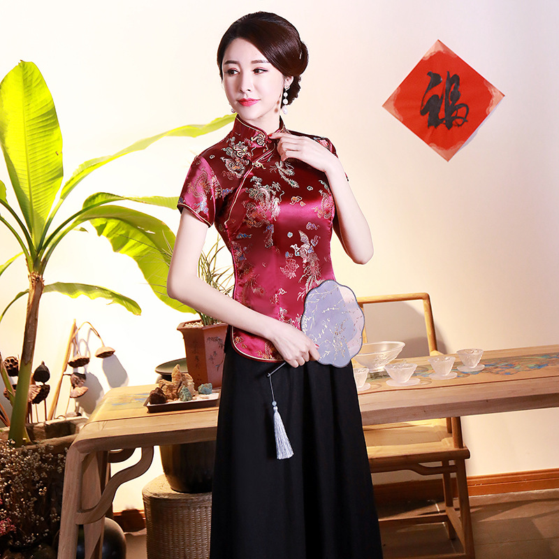 2025 Spring and Summer New Improved Cheongsam Tops Brocade Plum Blossom Slim Retro Women's Daily Plus Size Mother's Clothing