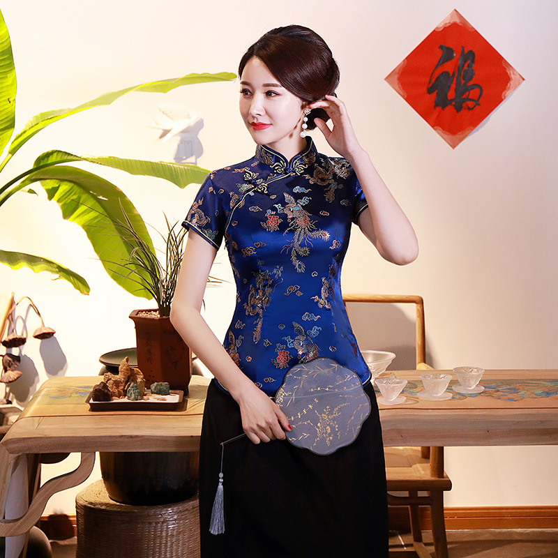 2025 Spring and Summer New Improved Cheongsam Tops Brocade Plum Blossom Slim Retro Women's Daily Plus Size Mother's Clothing