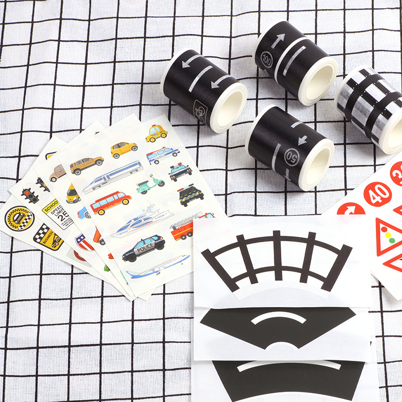 Children cartoon diy road rail transit and paper tape railway highway tape car train curve sticker