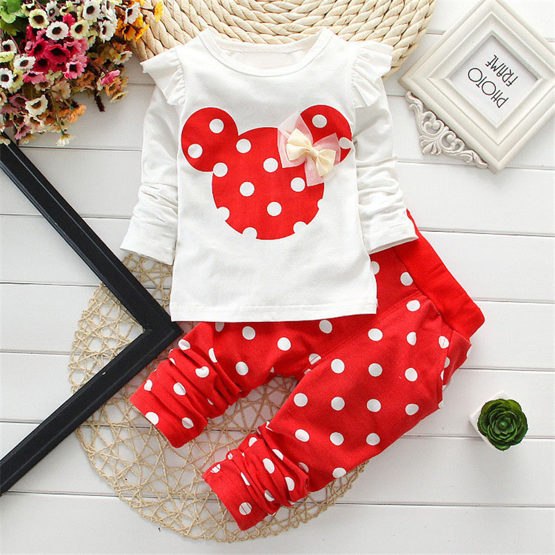 2025 Spring and Autumn Minnie Print Girls' Suit Cute Polka Dot Two-Piece Set Children's Pull-Up Fabric Long-Sleeved Pants
