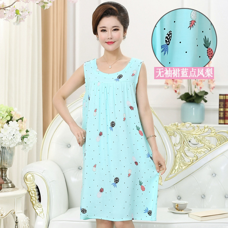 Summer Sweat-Absorbent Artificial Cotton Pajamas for Middle-Aged and Elderly Mothers Cotton Silk Nightgown Adult Plus Size Dress Street Stall Night Market