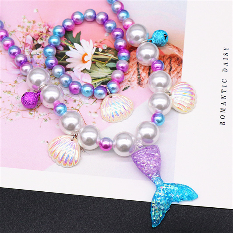 Children's Necklace Mermaid Tail Girls Pearl Necklace Bracelet Ring Earrings Set Girls Baby Accessories Wholesale
