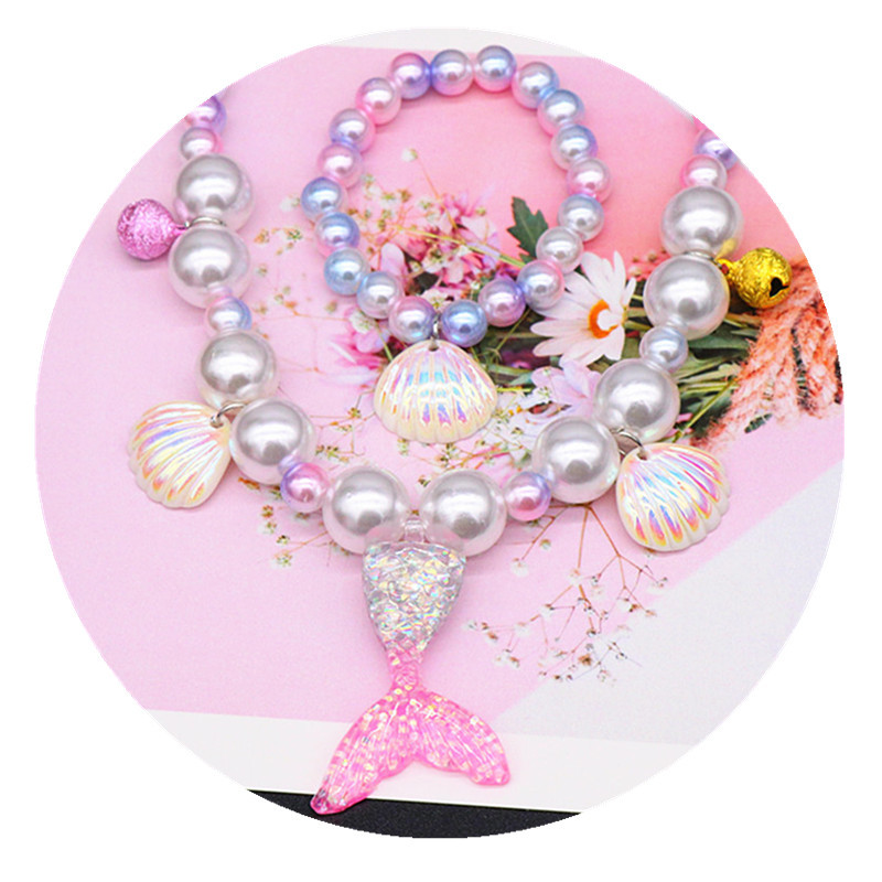 Children's Necklace Mermaid Tail Girls Pearl Necklace Bracelet Ring Earrings Set Girls Baby Accessories Wholesale