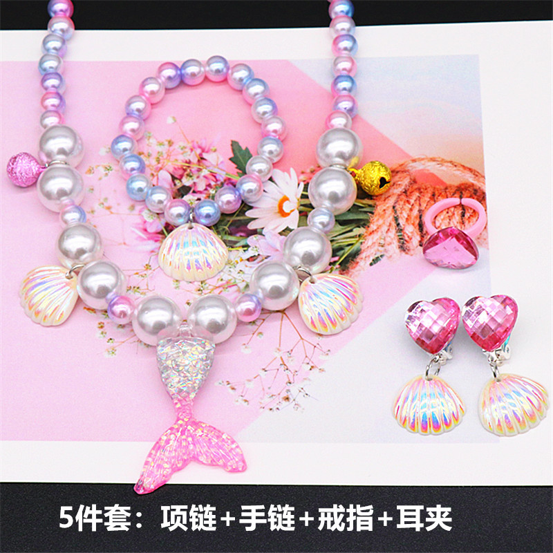 Children's Necklace Mermaid Tail Girls Pearl Necklace Bracelet Ring Earrings Set Girls Baby Accessories Wholesale