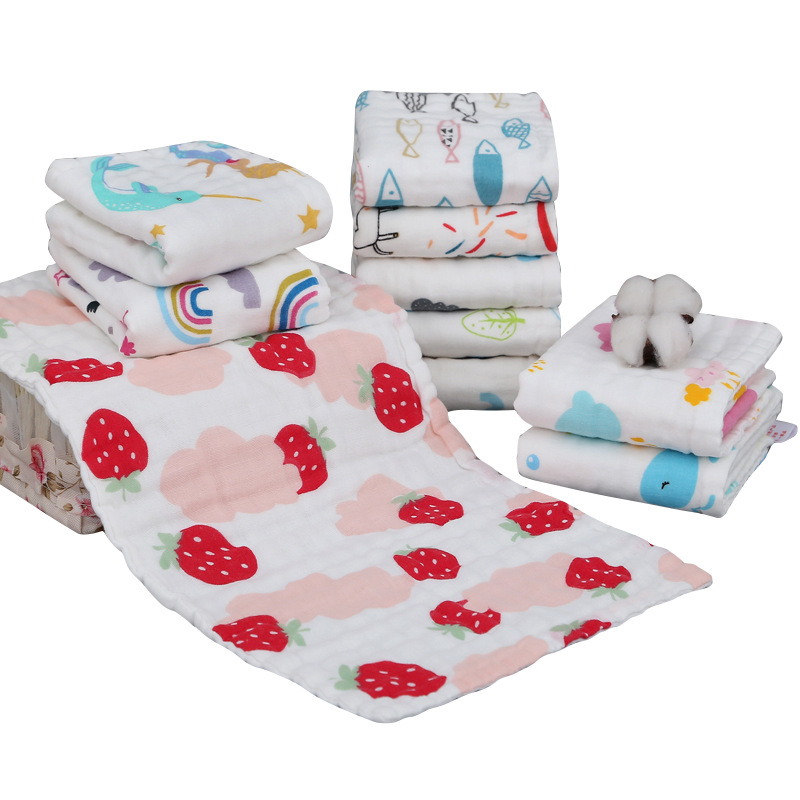 Children's towel six-layer cotton square towel six-layer gauze wash towel washed cotton children's towel printed water mouth towel wholesale