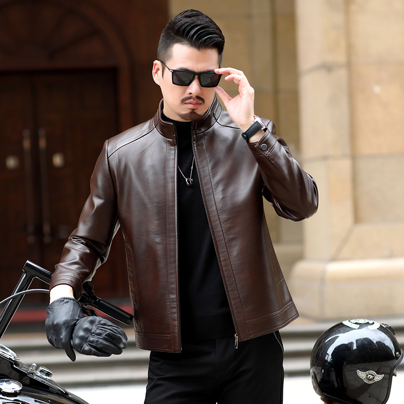 2024 Autumn and Winter New Haining Genuine Leather Jacket Men's Slim Short Stand Collar Leather Jacket Men's Middle-Aged Genuine Leather Jacket