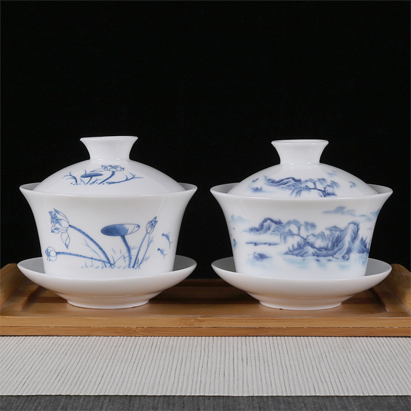 White Porcelain Sancai Cover Bowl Blue and White Porcelain Ceramic Kung Fu Cover Bowl Tea Set Tea Cup Bowl Celadon Hand Capture Pot Tea Bowl Wholesale