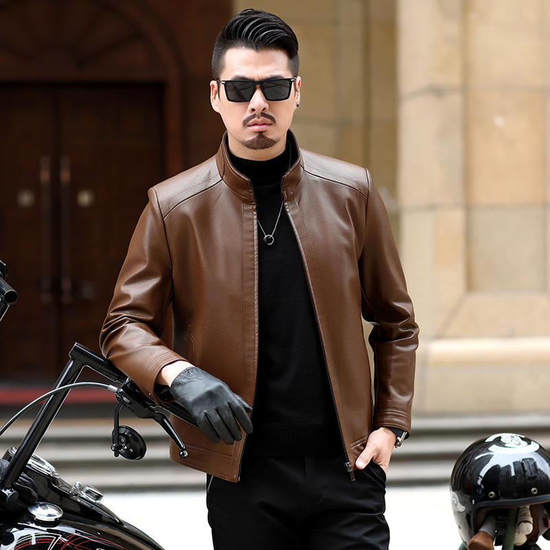 2024 Autumn and Winter New Haining Genuine Leather Jacket Men's Slim Short Stand Collar Leather Jacket Men's Middle-Aged Genuine Leather Jacket