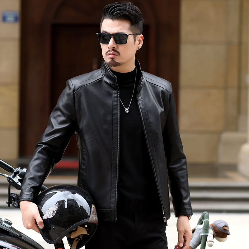2024 Autumn and Winter New Haining Genuine Leather Jacket Men's Slim Short Stand Collar Leather Jacket Men's Middle-Aged Genuine Leather Jacket