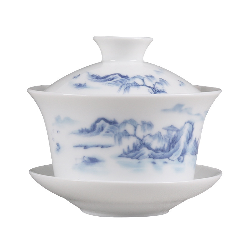 White Porcelain Sancai Cover Bowl Blue and White Porcelain Ceramic Kung Fu Cover Bowl Tea Set Tea Cup Bowl Celadon Hand Capture Pot Tea Bowl Wholesale