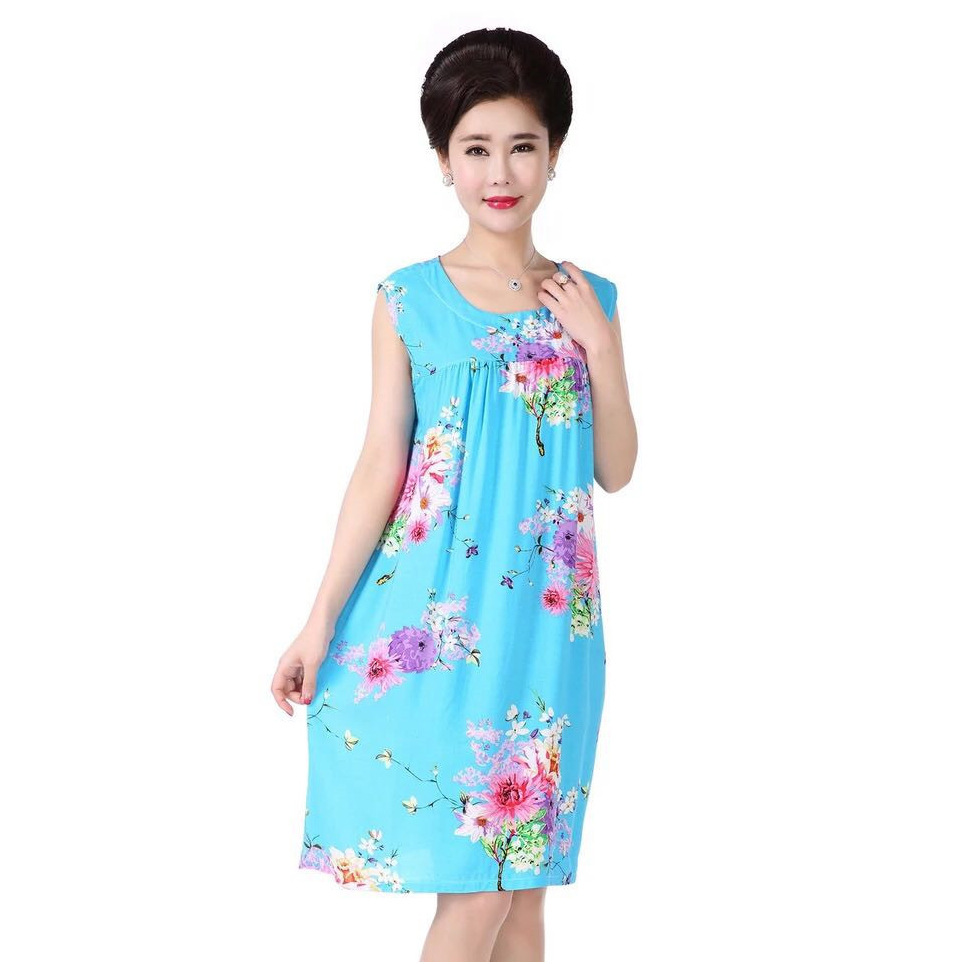 Summer Sweat-Absorbent Artificial Cotton Pajamas for Middle-Aged and Elderly Mothers Cotton Silk Nightgown Adult Plus Size Dress Street Stall Night Market