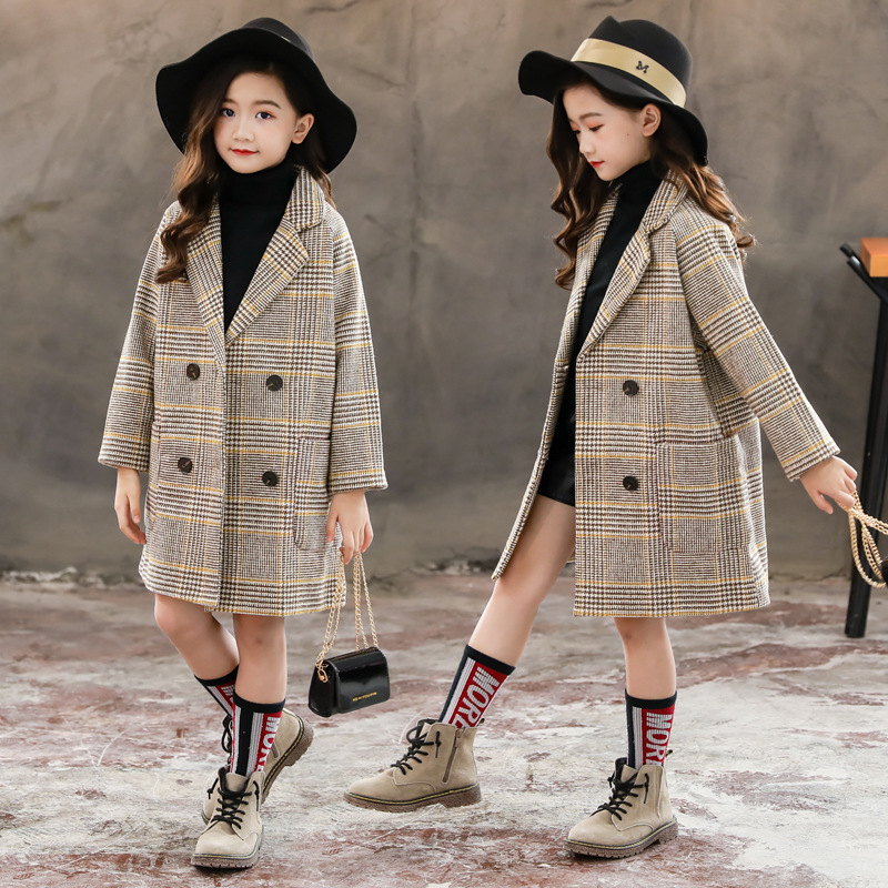 Girls' Woolen Outwear 2025 Autumn and Winter New Style Kidsren's Mid-Length Plaid Outwear Medium and Large Kidsren's Fashionable Woolen Outwear Trend