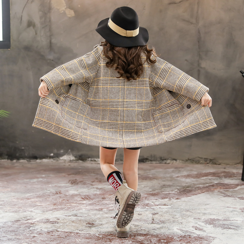 Girls' Woolen Outwear 2025 Autumn and Winter New Style Kidsren's Mid-Length Plaid Outwear Medium and Large Kidsren's Fashionable Woolen Outwear Trend