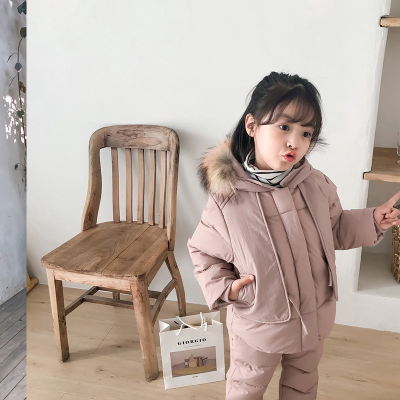Children's Feather Velvet Silk Suit Children's Clothing Winter Warm Jacket Two-Piece Set Baby down Overalls Wholesale