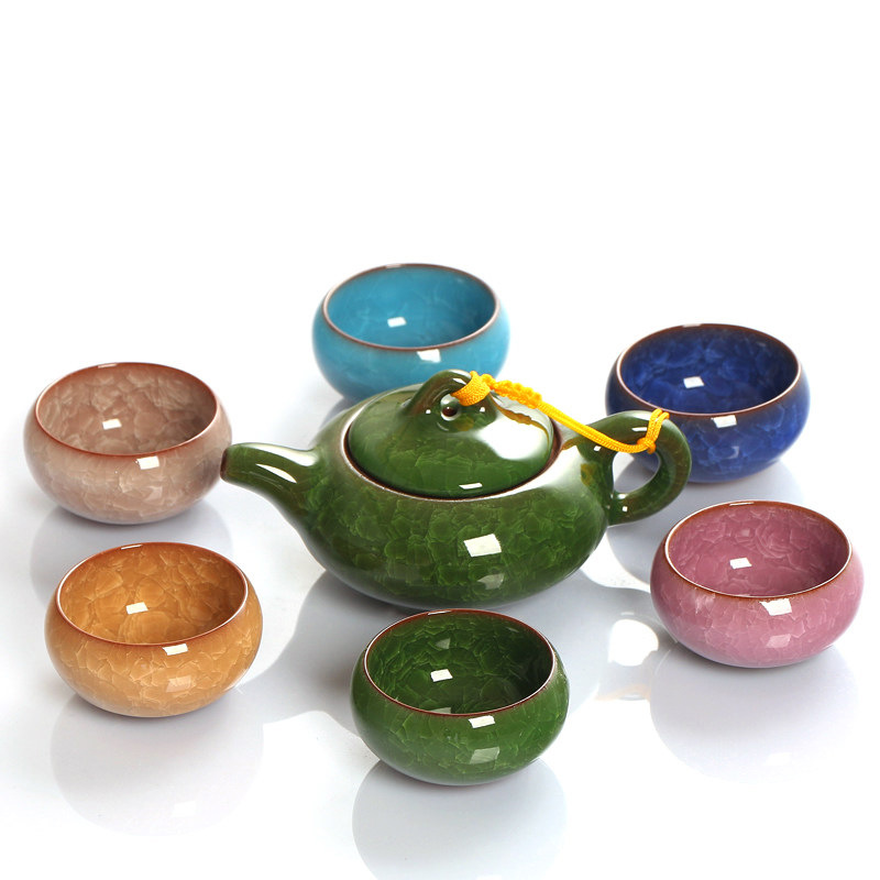 Amoy Porcelain Eight Ice Cracked Kung Fu Tea Set Gift Set Household Simple 7-Color Ice Cracked Glaze Open Glaze Tea Set Tea Cup