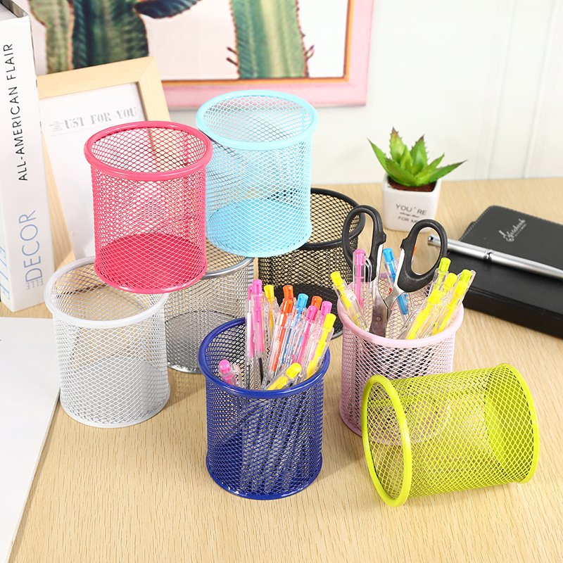 Factory wrought iron hollow desktop storage pen holder student stationery multi-functional color grid round/square Pen Holder