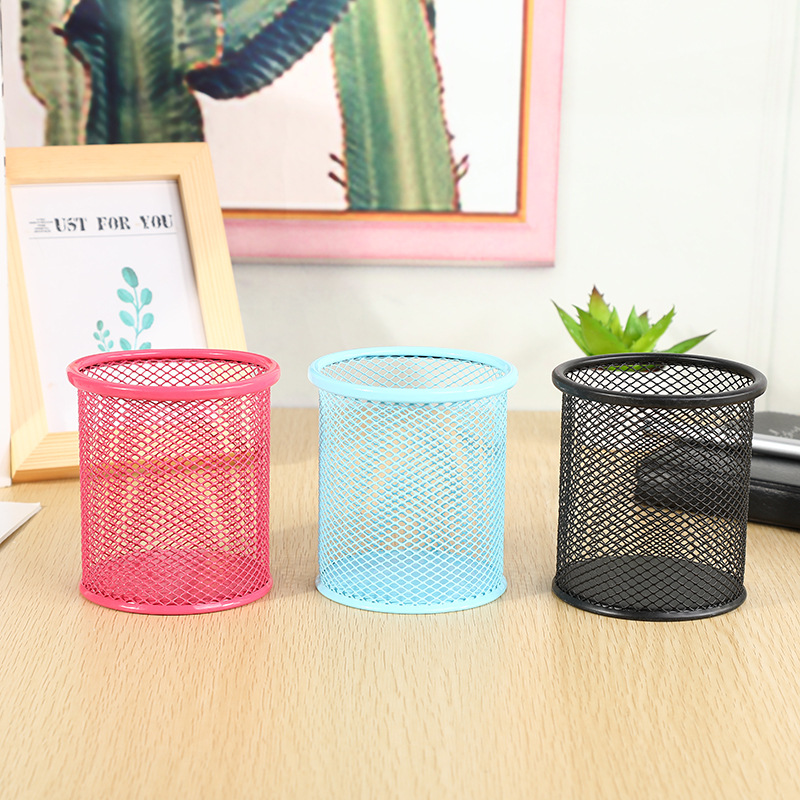 Factory wrought iron hollow desktop storage pen holder student stationery multi-functional color grid round/square Pen Holder