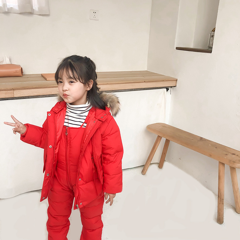 Children's Feather Velvet Silk Suit Children's Clothing Winter Warm Jacket Two-Piece Set Baby down Overalls Wholesale