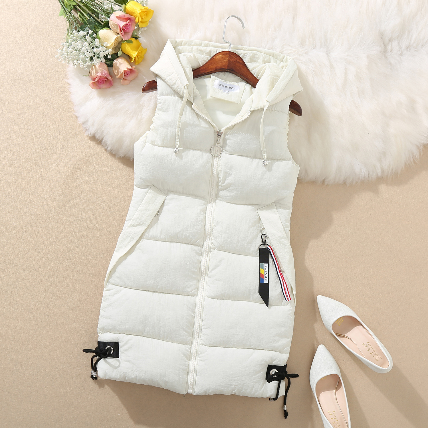 Down Cotton Outwear Vest Women's Outwear Autumn and Winter Sleeveless Waistoutwear Mid-Length Hooded Vest Korean Style Cotton Outwear Cotton Jacket Trendy