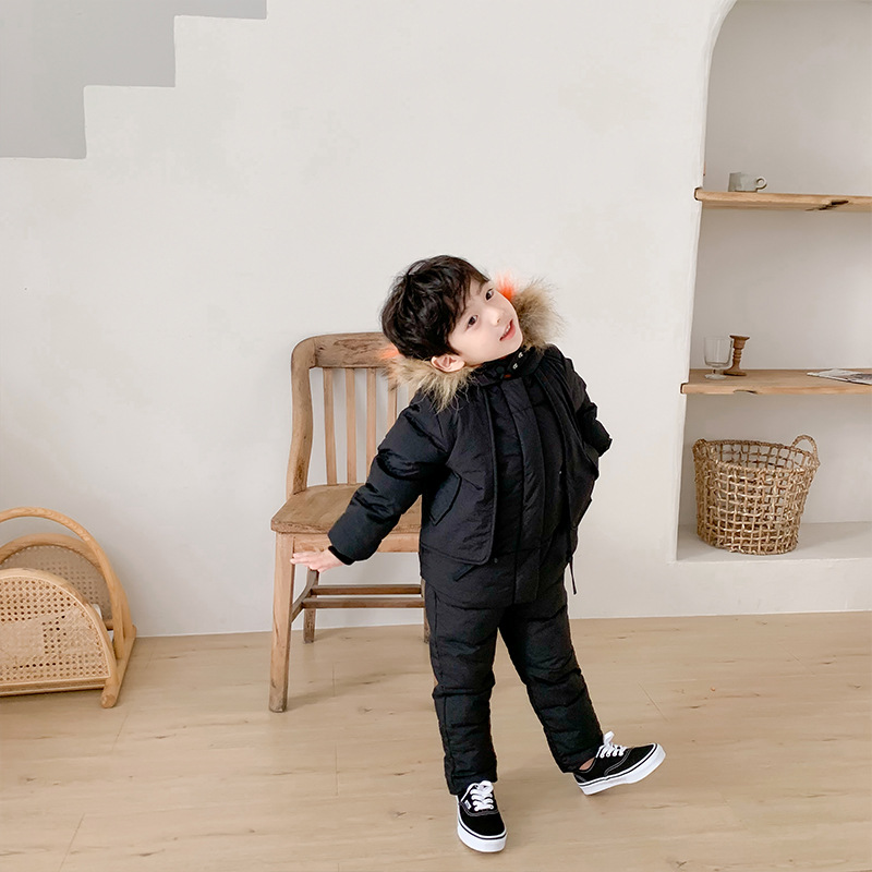 Children's Feather Velvet Silk Suit Children's Clothing Winter Warm Jacket Two-Piece Set Baby down Overalls Wholesale