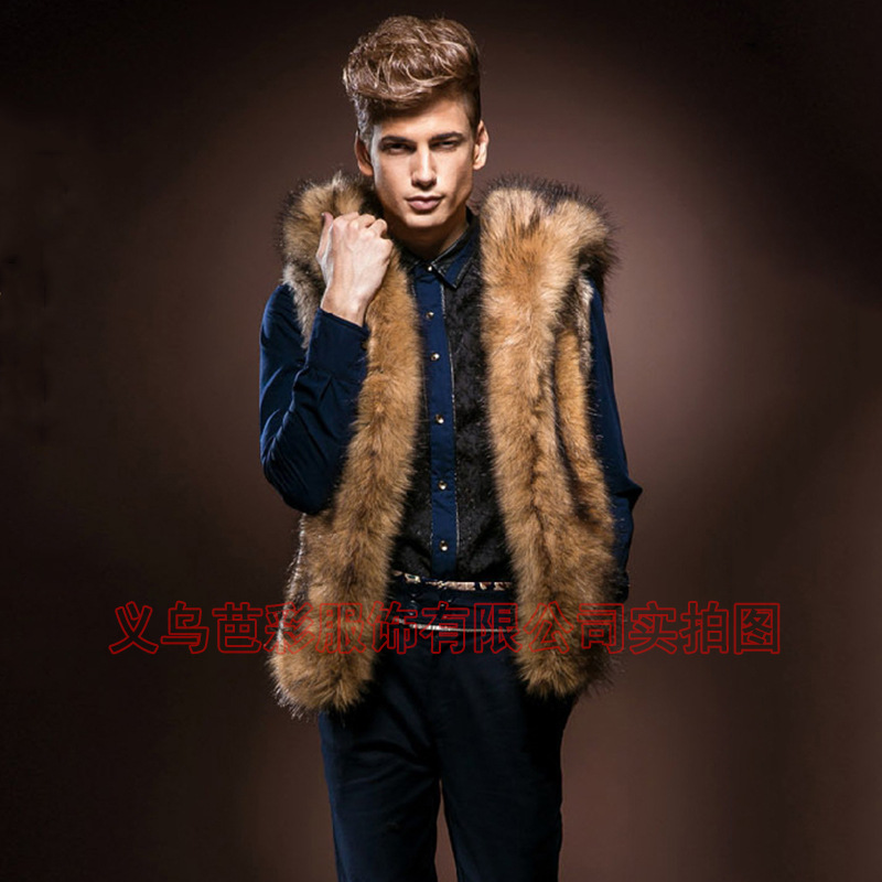 European and American Amazon Explosions Fur Jacket Men's Fur Vest Hooded Slim-Fit Short Sleeveless Fox Fur Jacket