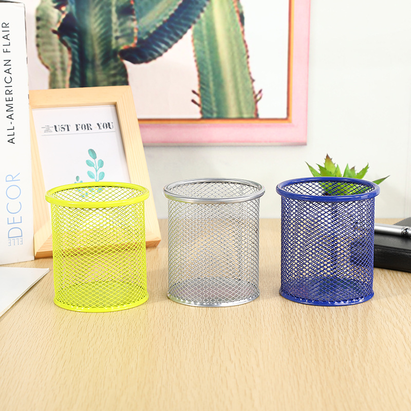 Factory wrought iron hollow desktop storage pen holder student stationery multi-functional color grid round/square Pen Holder