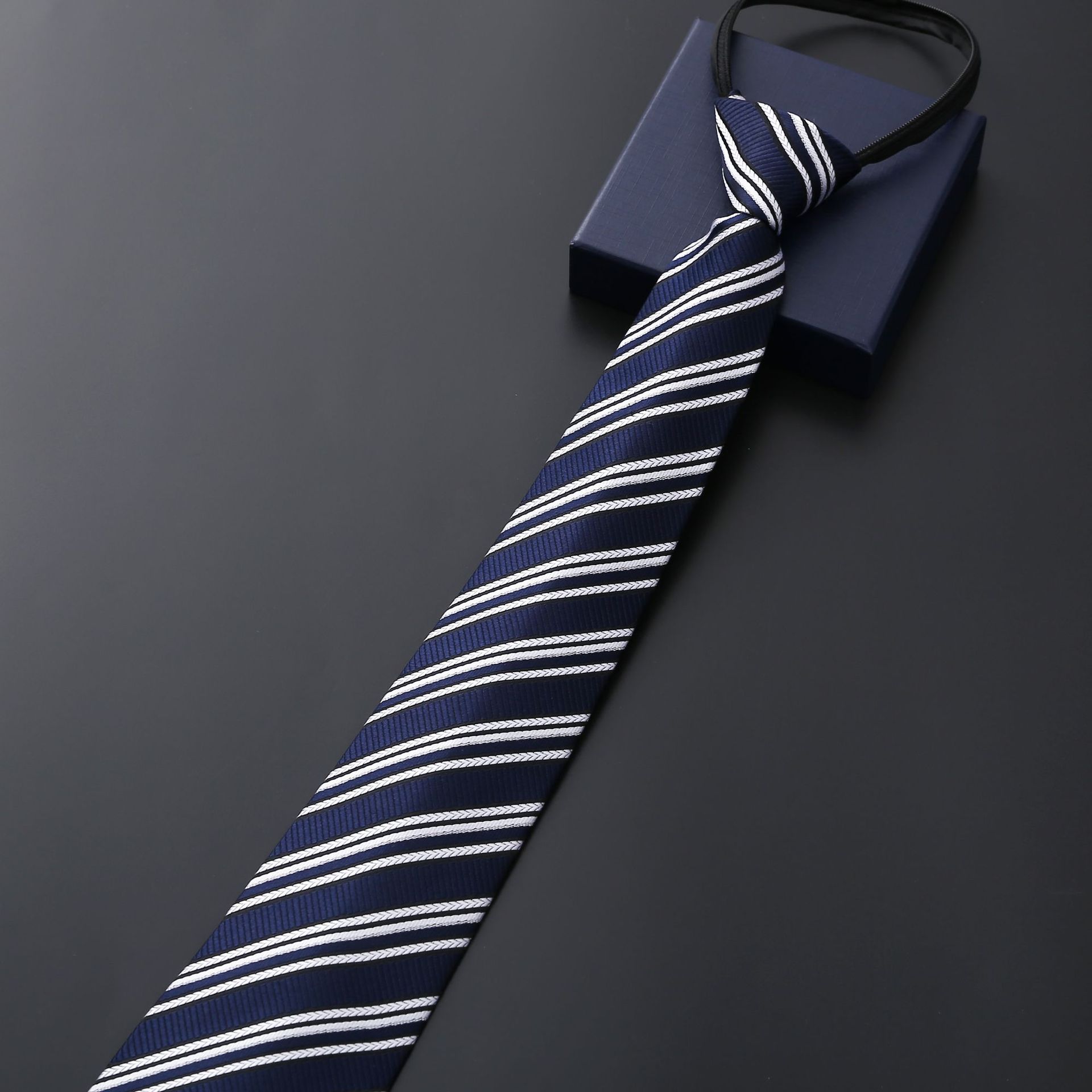 Men's Business Formal wear zipper tie bridegroom wedding blue striped Korean style black lazy tie