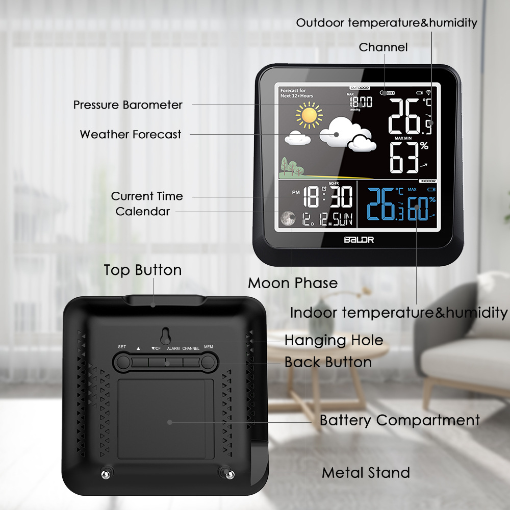 Baldr color screen weather clock wireless indoor and outdoor temperature and humidity meter LCD multi-function alarm clock barometric moon phase calendar