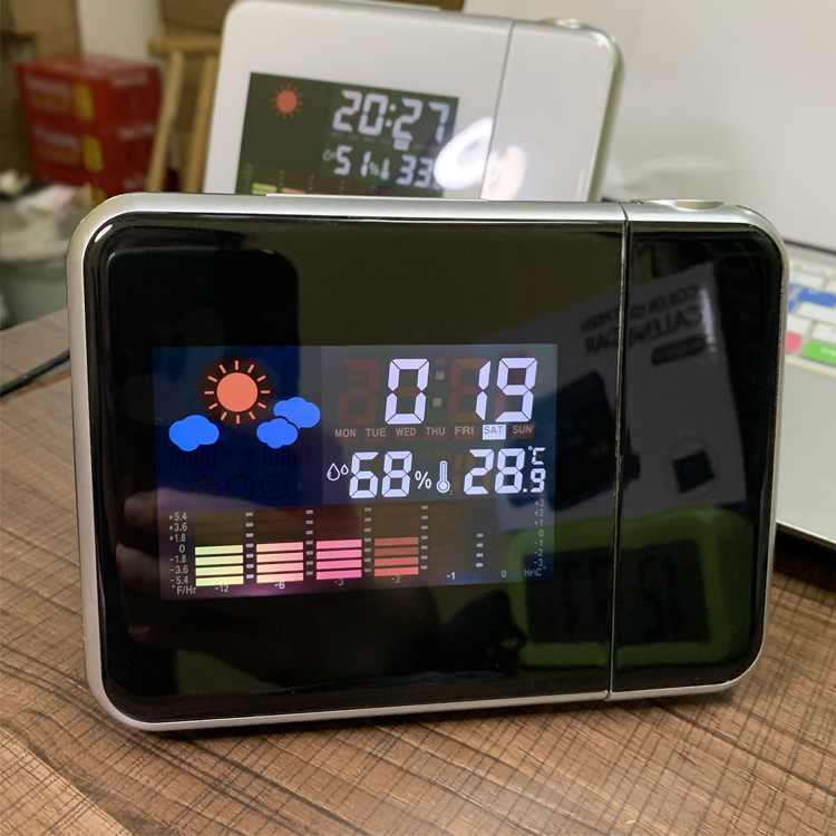 Technological Sense Weather Station Projection Clock Creative Time Projection Led Color Screen Perpetual Calendar Weather Display Digital Alarm Clock