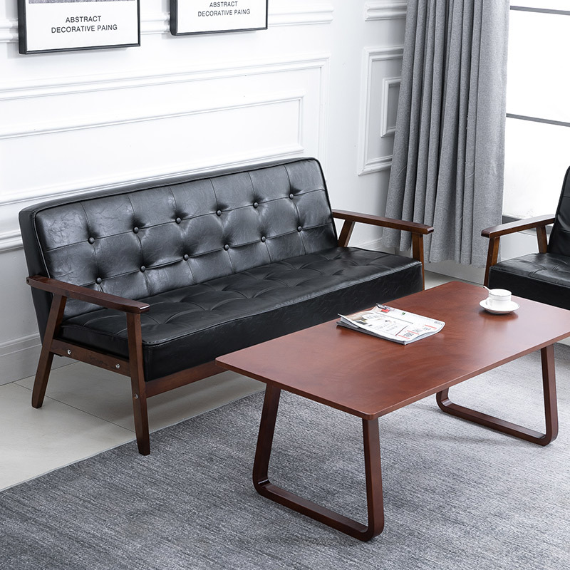 Leather Leather Sofa Solid Wood Nordic Single Minimalist Three-Person Cafe Sofa Living Room Double Sofa for Small Apartment