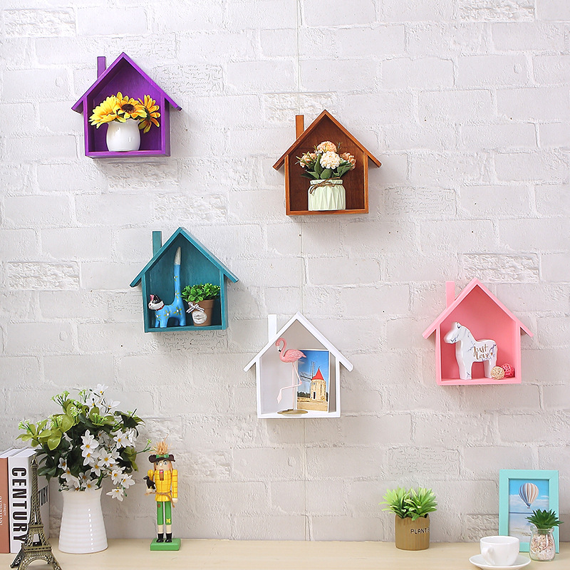 Solid Wood Wall Cute Small House Storage Rack Children's Room Kindergarten Restaurant Wood Storage Decorative Shelf Partition