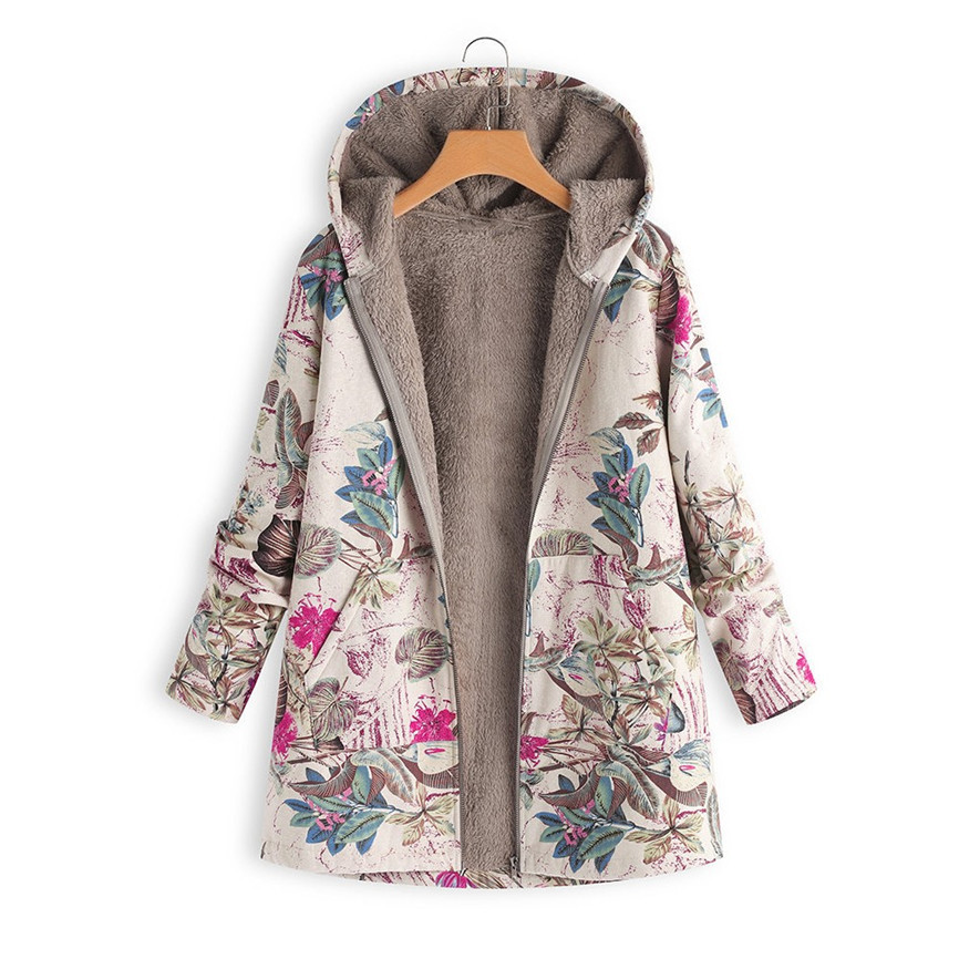 Winter European and American New Women's Clothing Su Leaf Print Hooded Long-Sleeved Retro Jacket