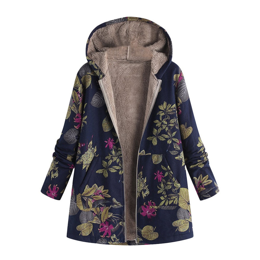 Winter European and American New Women's Clothing Su Leaf Print Hooded Long-Sleeved Retro Jacket
