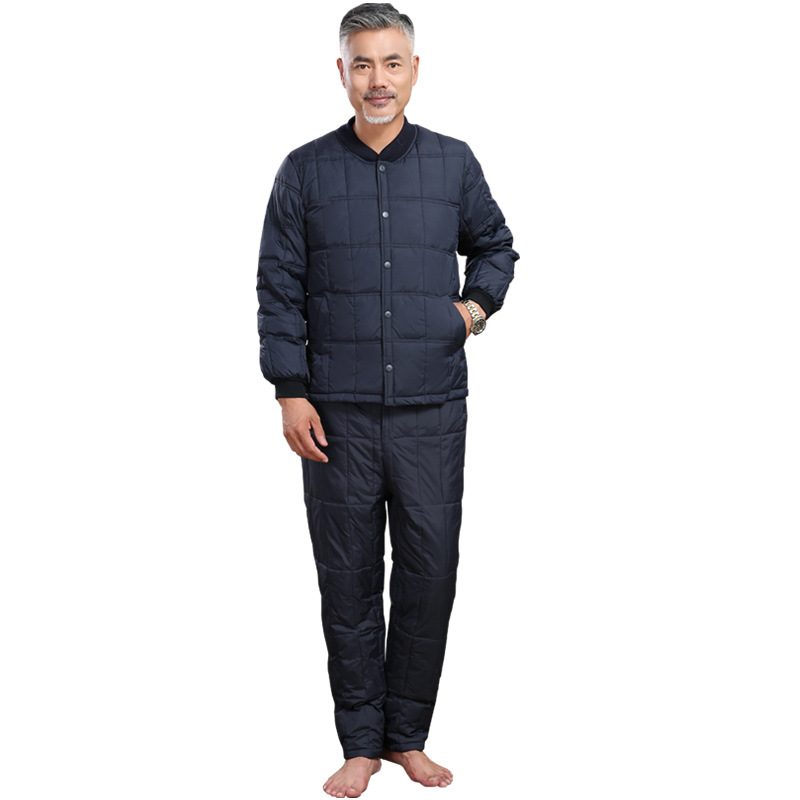 New Autumn and Winter Middle-Aged and Elderly White Duck down Silk Lining Velvet Pants Two-Piece Set Dad Feather Silk Suit Thickeneded Men's Suit