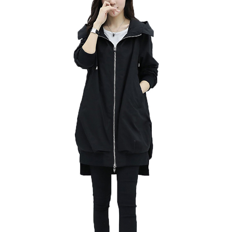 2024 Spring and Autumn New Korean Style Casual Temperament Khaki Slim Hooded Windbreaker Women's Jacket Mid-Length Loose Black