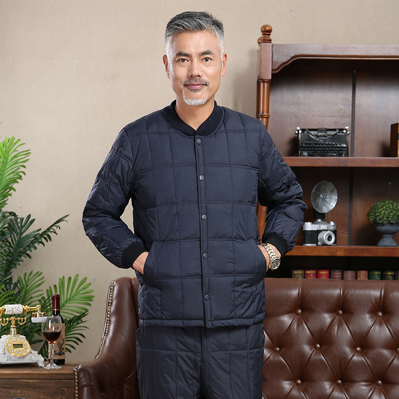 Новый осенне-зимний комплект для мужчин среднего и пожилого возраста, белый утиный пух, бархатные брюки, утолщенный костюм